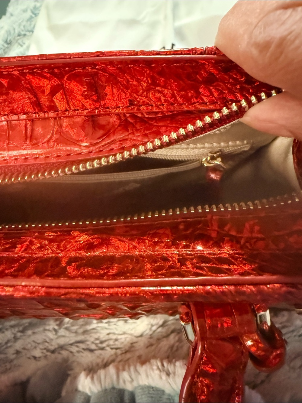 Glossy Red Croc-Embossed Satchel with Gold Accents teal leather - Picture 11 of 14